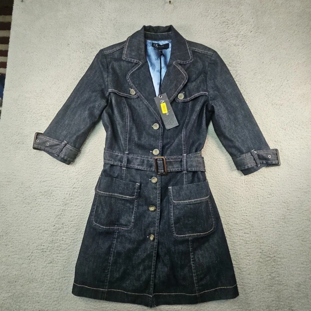 Anne Klein AK Jeans Denim Trench Coat Dress Womens M Blue 3/4 Slv Belted Western